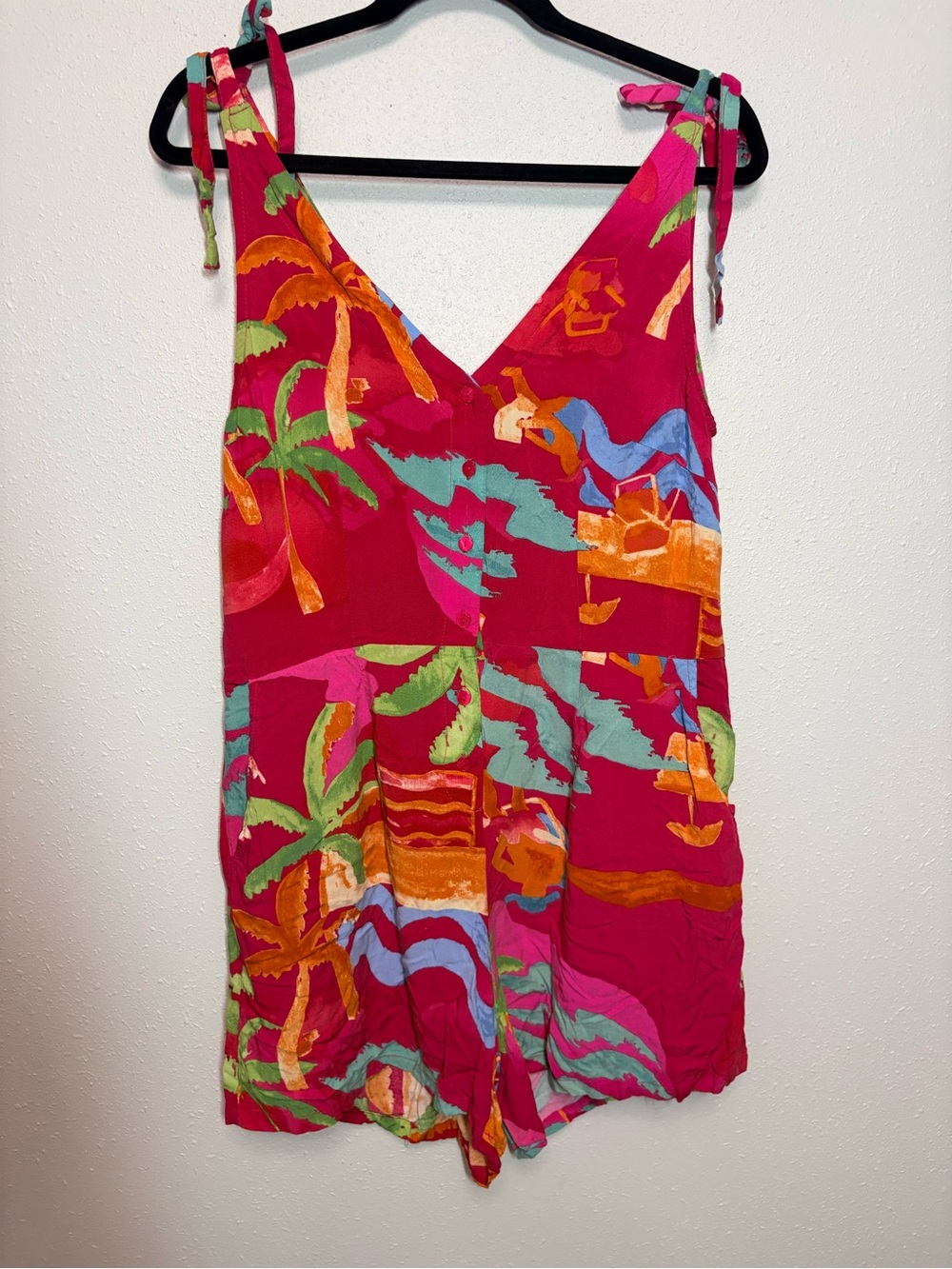 C&C California Bright Pink Tropical Print Tie-Strap Romper